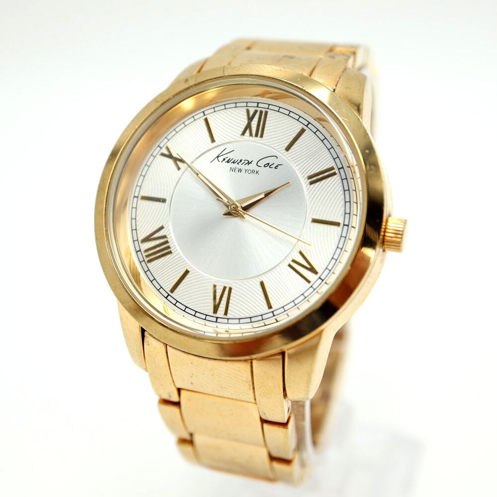 Kenneth Cole Gold Tone Mens Dress Watch 40mm Silver Dial Bracelet w New Battery